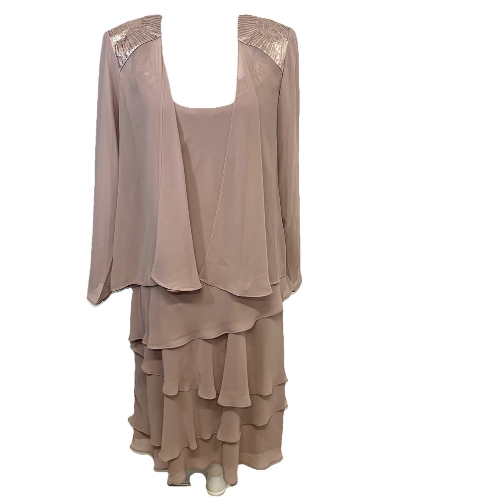 SL Fashion Dress & Jacket Tiered Sheer Lined Sz 8 Sequins Flowy Event Formal